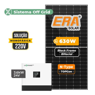 Gerador Solar 3,78 kWp até 567 kWh/mês Off Grid Interativo Luxpower Telhado Fibro Parafuso Metal | 3,6 kW, Era 630W, 220V