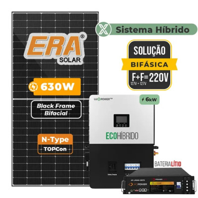Gerador Solar 2,52 kWp até 378 kWh/mês Retrofit Luxpower Sem Estrutura | Inversor 6 kW, Painel Era 630W, Bateria 4,8 kWh, 127V