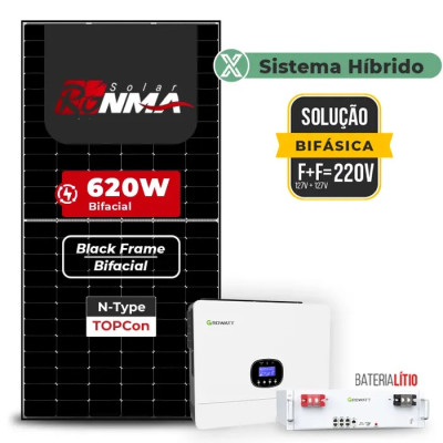 Gerador Solar 2,48 kWp até 372 kWh/mês Retrofit Growatt Híbrido Sem Estrutura | 6 kW, Ronma 620W, bateria 5,12 kWh, 127V