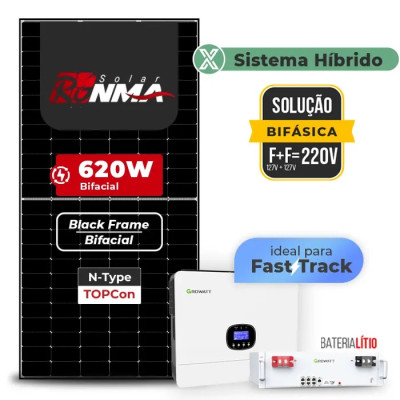 Gerador Solar 2,48 kWp até 372 kWh/mês Retrofit Growatt Híbrido Sem Estrutura | 7,3 kW, Ronma 620W, bateria 5,12 kWh, 127V