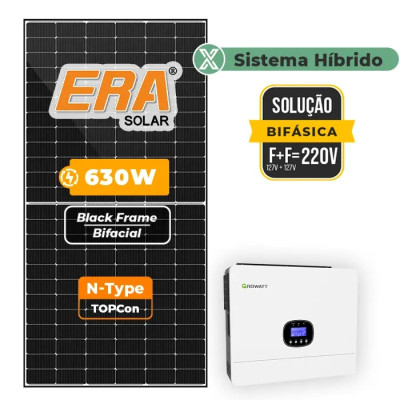 Gerador Solar 7,56 kWp até 1.134 kWh/mês Híbrido Growatt sem Bateria Telhado Cerâmico Gancho | 6 kW, Era 630W, 127V